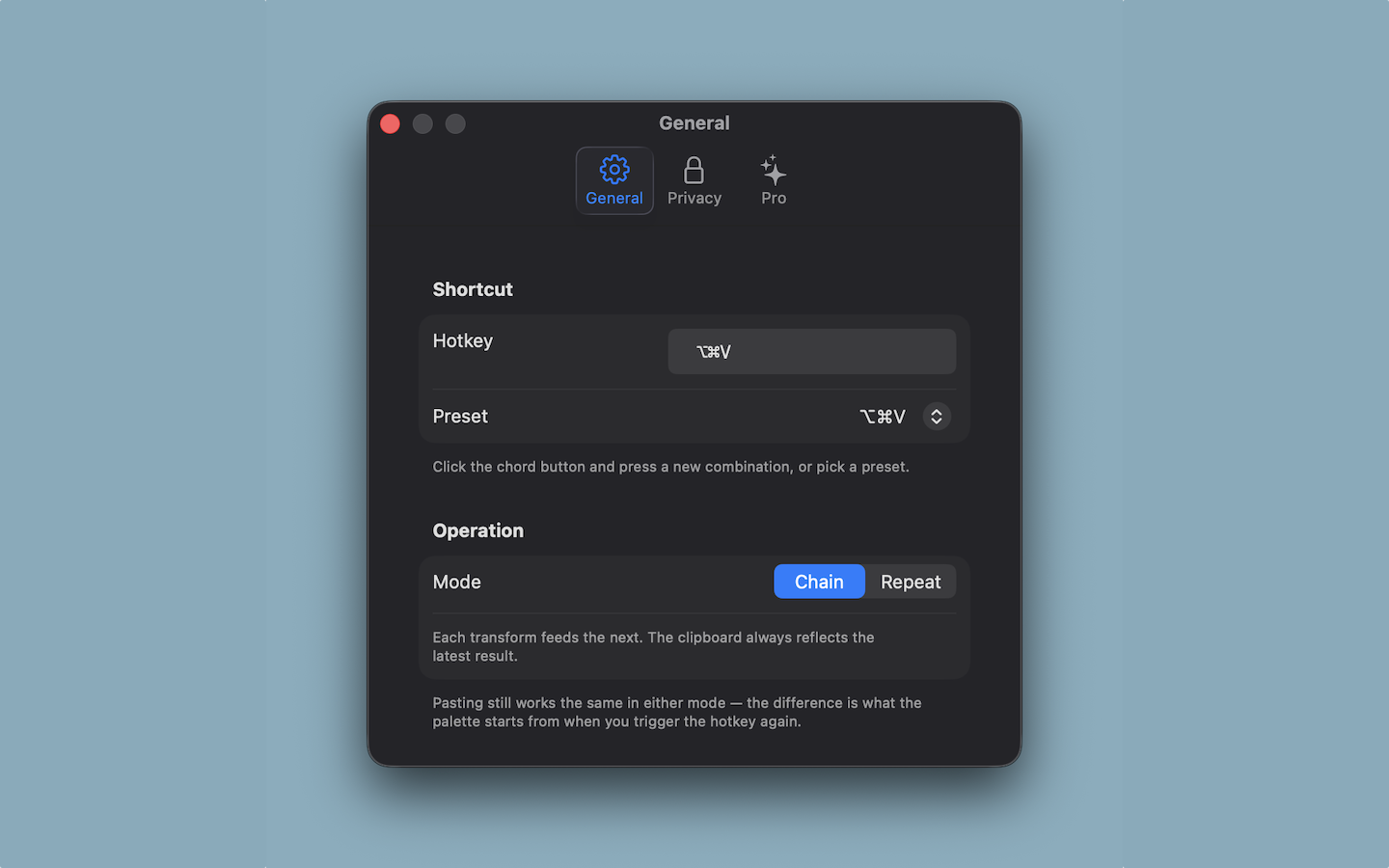 Settings — General — Operation mode (Chain vs Repeat)