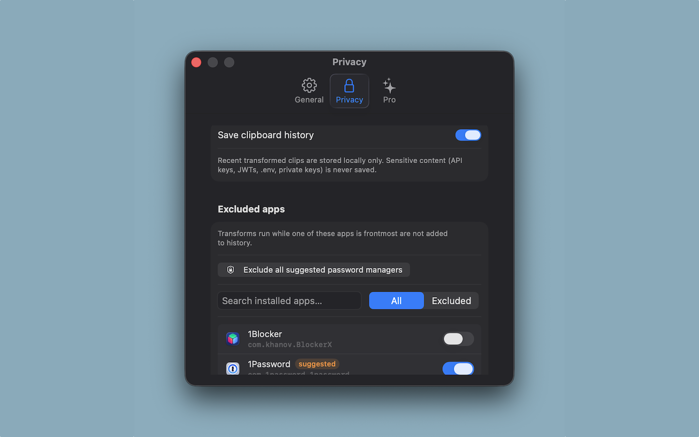 Settings — Privacy — Excluded apps